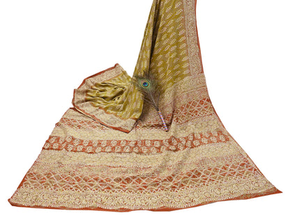 Indian Vintage Sari Green Pure Crepe Silk Hand Embroidered Saree 6yd Sewing Floral Craft Sequins Dress making Crafting Quilting