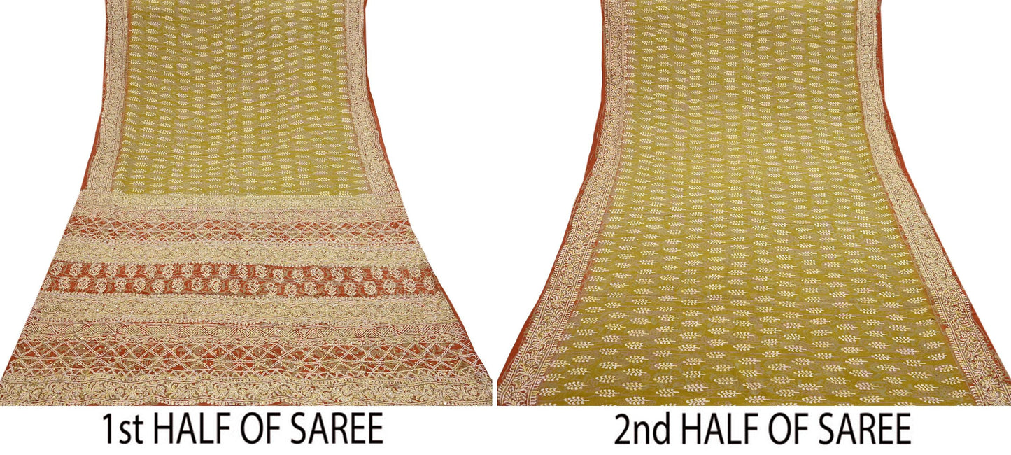 Indian Vintage Sari Green Pure Crepe Silk Hand Embroidered Saree 6yd Sewing Floral Craft Sequins Dress making Crafting Quilting