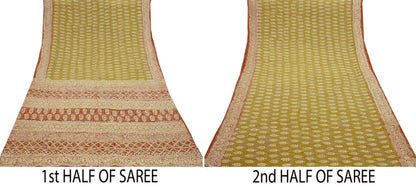 Indian Vintage Sari Green Pure Crepe Silk Hand Embroidered Saree 6yd Sewing Floral Craft Sequins Dress making Crafting Quilting