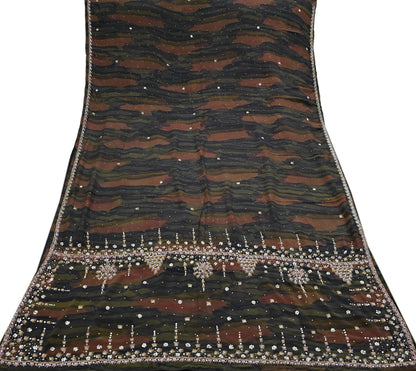 Indian Vintage Heavy Sari Multi Pure Crepe Silk Hand Embroidered Sarees Fabric 5Yd Sewing Soft Zardozi/Dabka Sequins Wedding Sarees Crafting