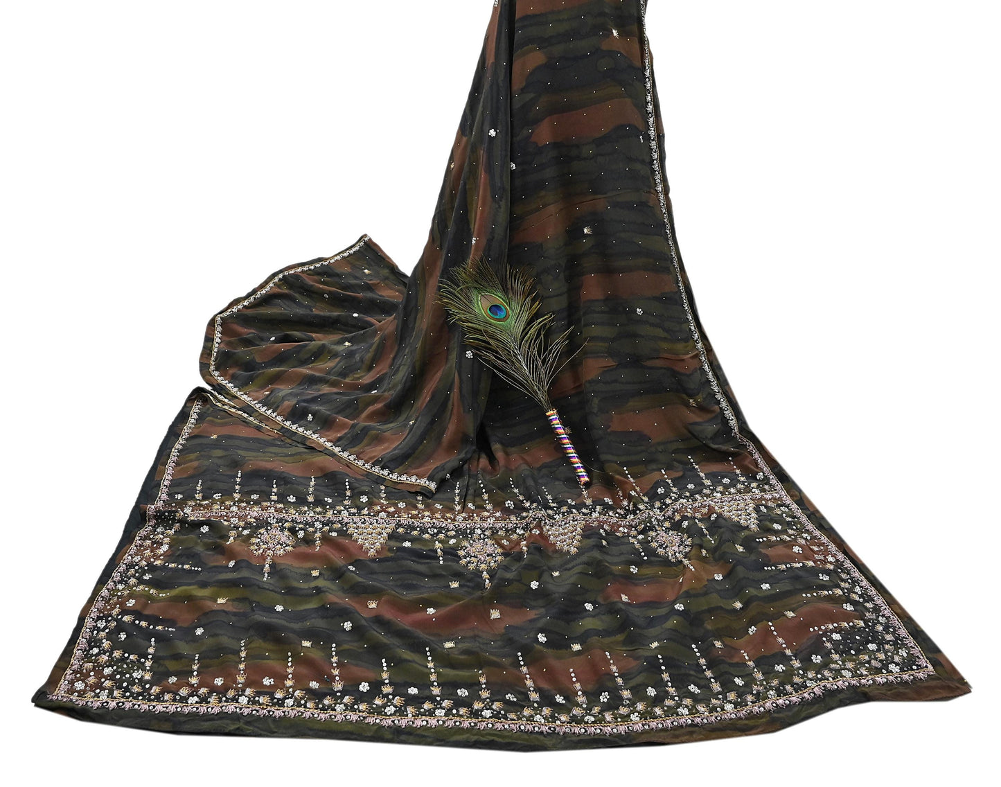Indian Vintage Heavy Sari Multi Pure Crepe Silk Hand Embroidered Sarees Fabric 5Yd Sewing Soft Zardozi/Dabka Sequins Wedding Sarees Crafting