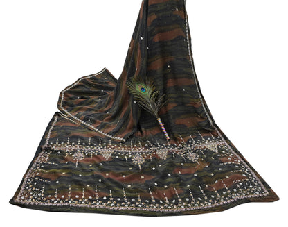 Indian Vintage Heavy Sari Multi Pure Crepe Silk Hand Embroidered Sarees Fabric 5Yd Sewing Soft Zardozi/Dabka Sequins Wedding Sarees Crafting