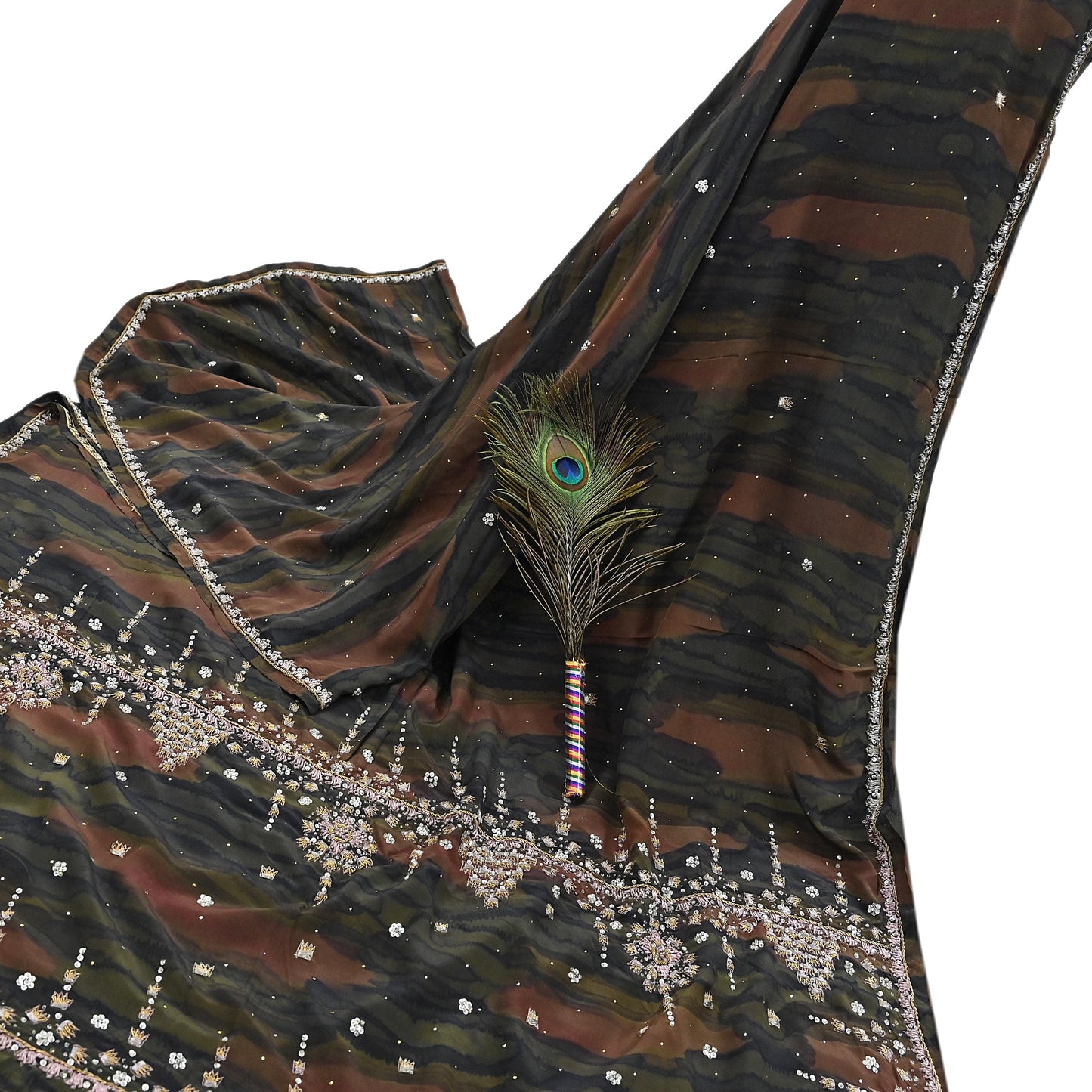Indian Vintage Heavy Sari Multi Pure Crepe Silk Hand Embroidered Sarees Fabric 5Yd Sewing Soft Zardozi/Dabka Sequins Wedding Sarees Crafting