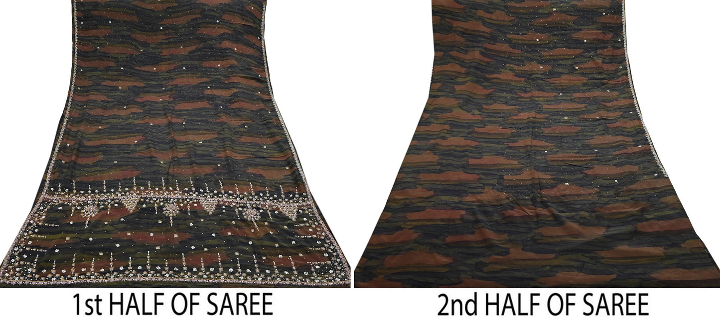 Indian Vintage Heavy Sari Multi Pure Crepe Silk Hand Embroidered Sarees Fabric 5Yd Sewing Soft Zardozi/Dabka Sequins Wedding Sarees Crafting
