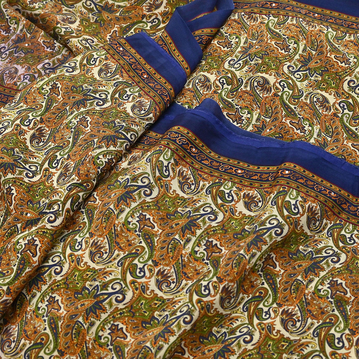 Indian Vintage blue & Beige Pure Crepe Silk Saree Paisley Print 6Yards Soft Sewing Fabric for Dressmaking, Quilting, Crafting Upcycling