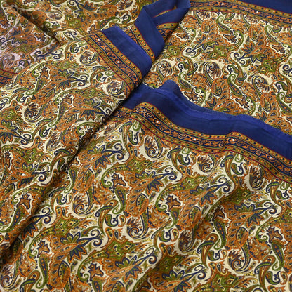 Indian Vintage blue & Beige Pure Crepe Silk Saree Paisley Print 6Yards Soft Sewing Fabric for Dressmaking, Quilting, Crafting Upcycling