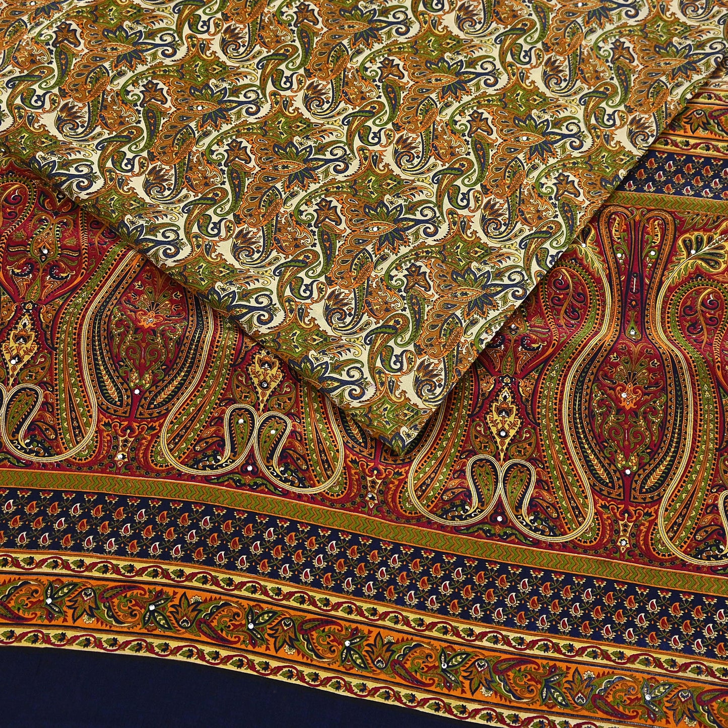 Indian Vintage blue & Beige Pure Crepe Silk Saree Paisley Print 6Yards Soft Sewing Fabric for Dressmaking, Quilting, Crafting Upcycling