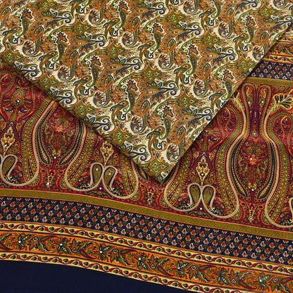 Indian Vintage blue & Beige Pure Crepe Silk Saree Paisley Print 6Yards Soft Sewing Fabric for Dressmaking, Quilting, Crafting Upcycling