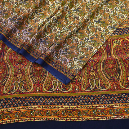 Indian Vintage blue & Beige Pure Crepe Silk Saree Paisley Print 6Yards Soft Sewing Fabric for Dressmaking, Quilting, Crafting Upcycling