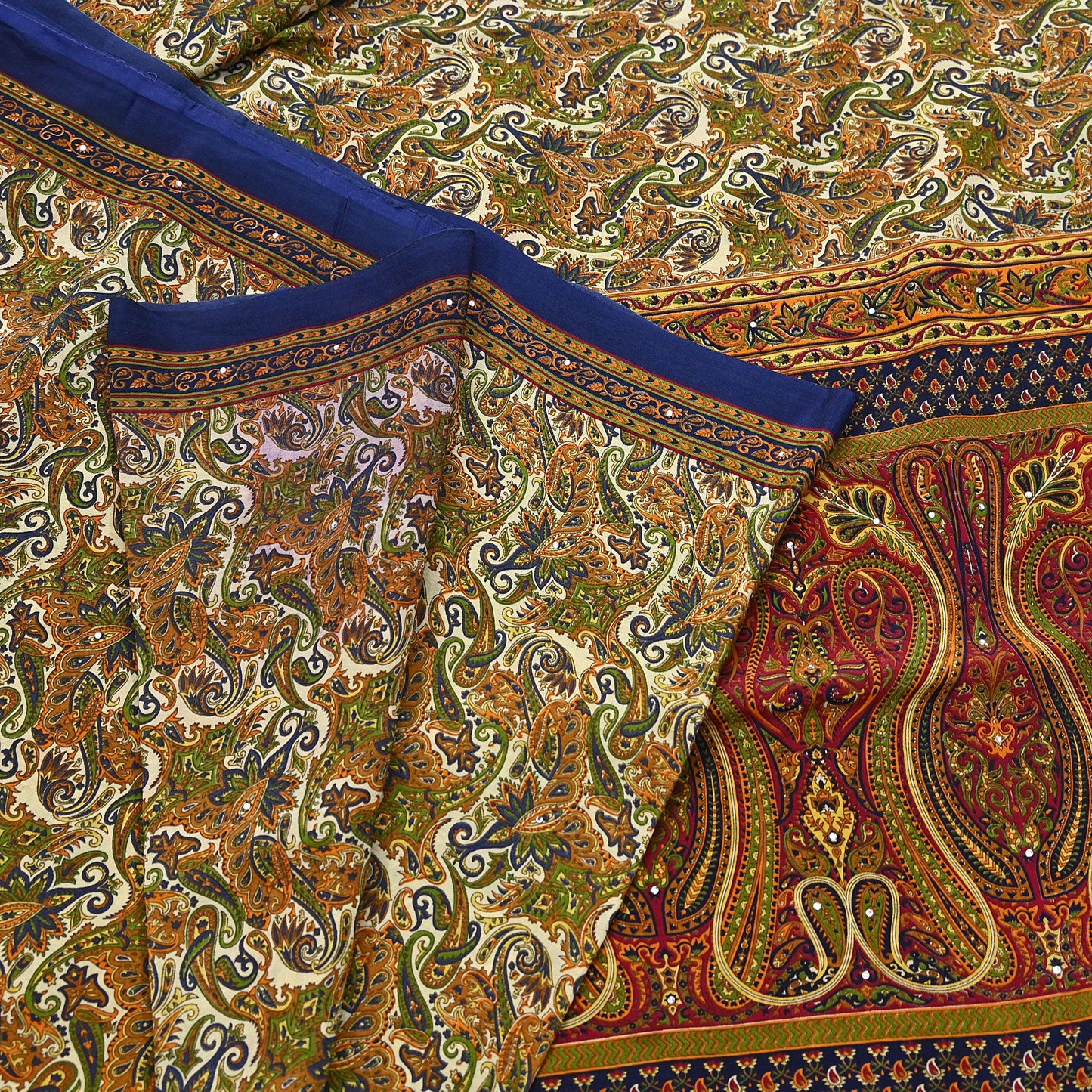 Indian Vintage blue & Beige Pure Crepe Silk Saree Paisley Print 6Yards Soft Sewing Fabric for Dressmaking, Quilting, Crafting Upcycling