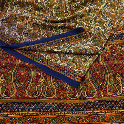Indian Vintage blue & Beige Pure Crepe Silk Saree Paisley Print 6Yards Soft Sewing Fabric for Dressmaking, Quilting, Crafting Upcycling