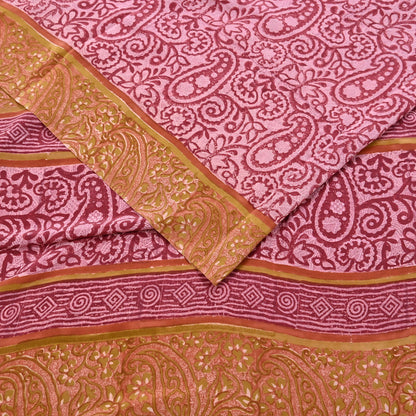 Indian Vintage Sari Pink & Red Pure Crepe Silk Printed Saree 5yard Sewing Soft Craft Fabric Wrap