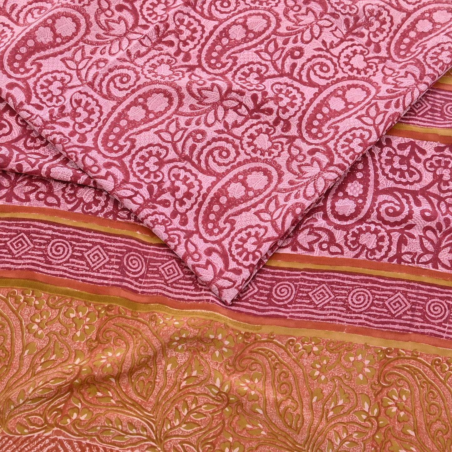 Indian Vintage Sari Pink & Red Pure Crepe Silk Printed Saree 5yard Sewing Soft Craft Fabric Wrap