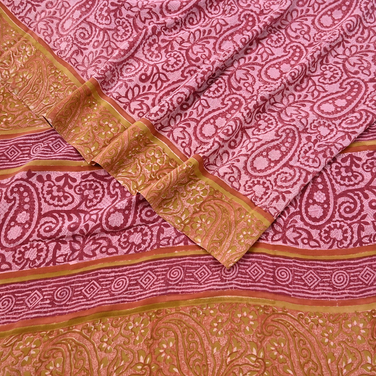 Indian Vintage Sari Pink & Red Pure Crepe Silk Printed Saree 5yard Sewing Soft Craft Fabric Wrap