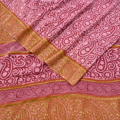 Indian Vintage Sari Pink & Red Pure Crepe Silk Printed Saree 5yard Sewing Soft Craft Fabric Wrap