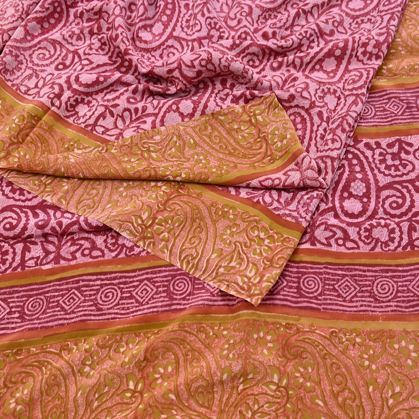 Indian Vintage Sari Pink & Red Pure Crepe Silk Printed Saree 5yard Sewing Soft Craft Fabric Wrap