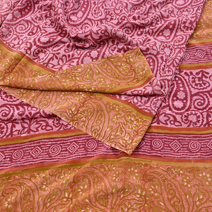 Indian Vintage Sari Pink & Red Pure Crepe Silk Printed Saree 5yard Sewing Soft Craft Fabric Wrap