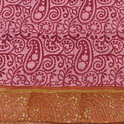 Indian Vintage Sari Pink & Red Pure Crepe Silk Printed Saree 5yard Sewing Soft Craft Fabric Wrap