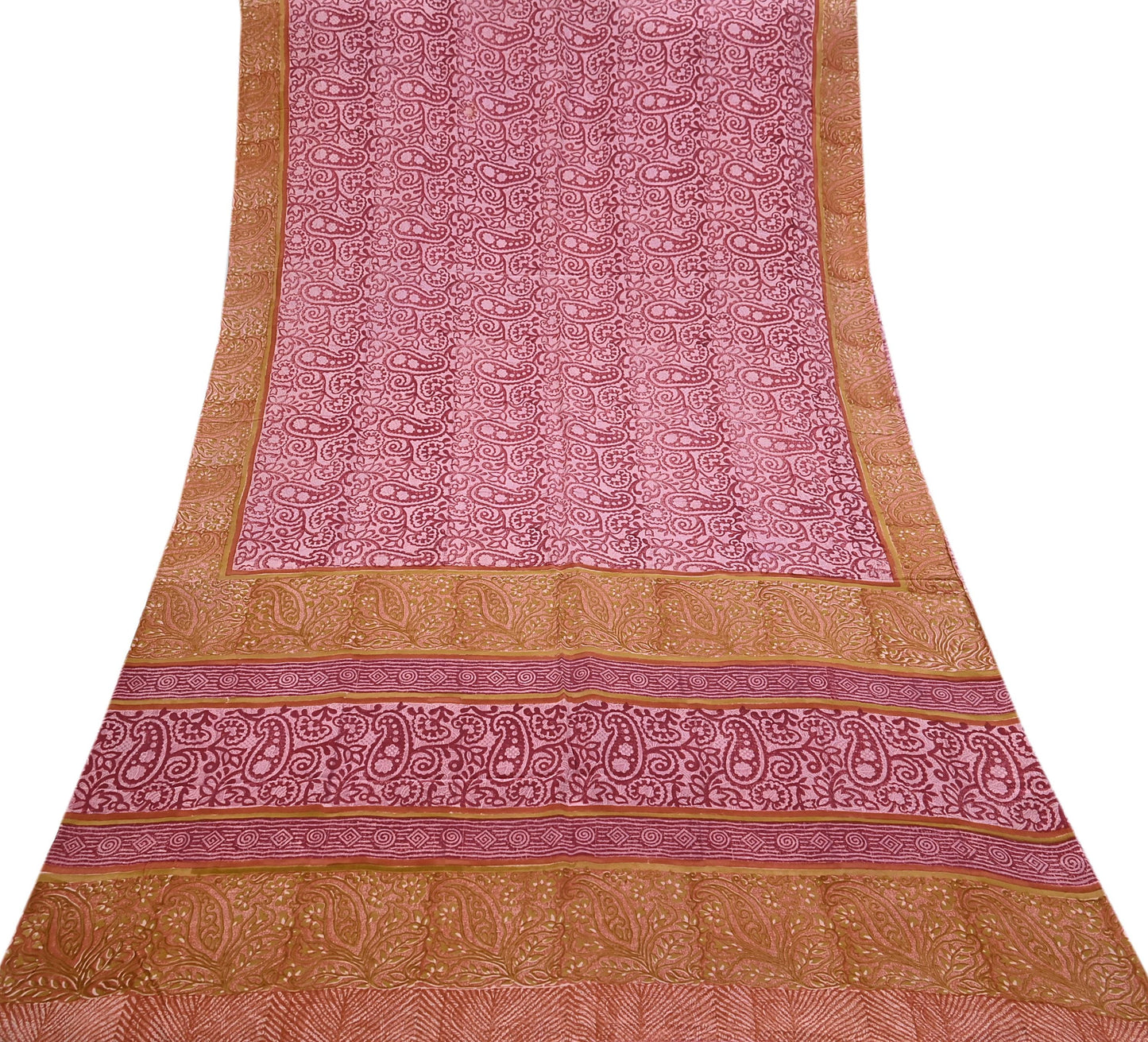 Indian Vintage Sari Pink & Red Pure Crepe Silk Printed Saree 5yard Sewing Soft Craft Fabric Wrap