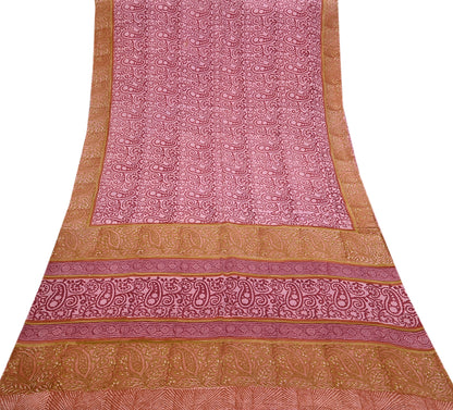 Indian Vintage Sari Pink & Red Pure Crepe Silk Printed Saree 5yard Sewing Soft Craft Fabric Wrap