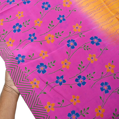 Indian Vintage Pink & Yellow Pure Crepe Silk Saree Floral Print 5 Yards Soft Sewing Fabric for Dressmaking, Quilting, Crafting Upcycling