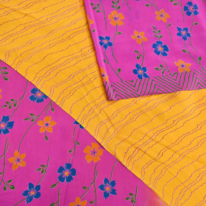Indian Vintage Pink & Yellow Pure Crepe Silk Saree Floral Print 5 Yards Soft Sewing Fabric for Dressmaking, Quilting, Crafting Upcycling