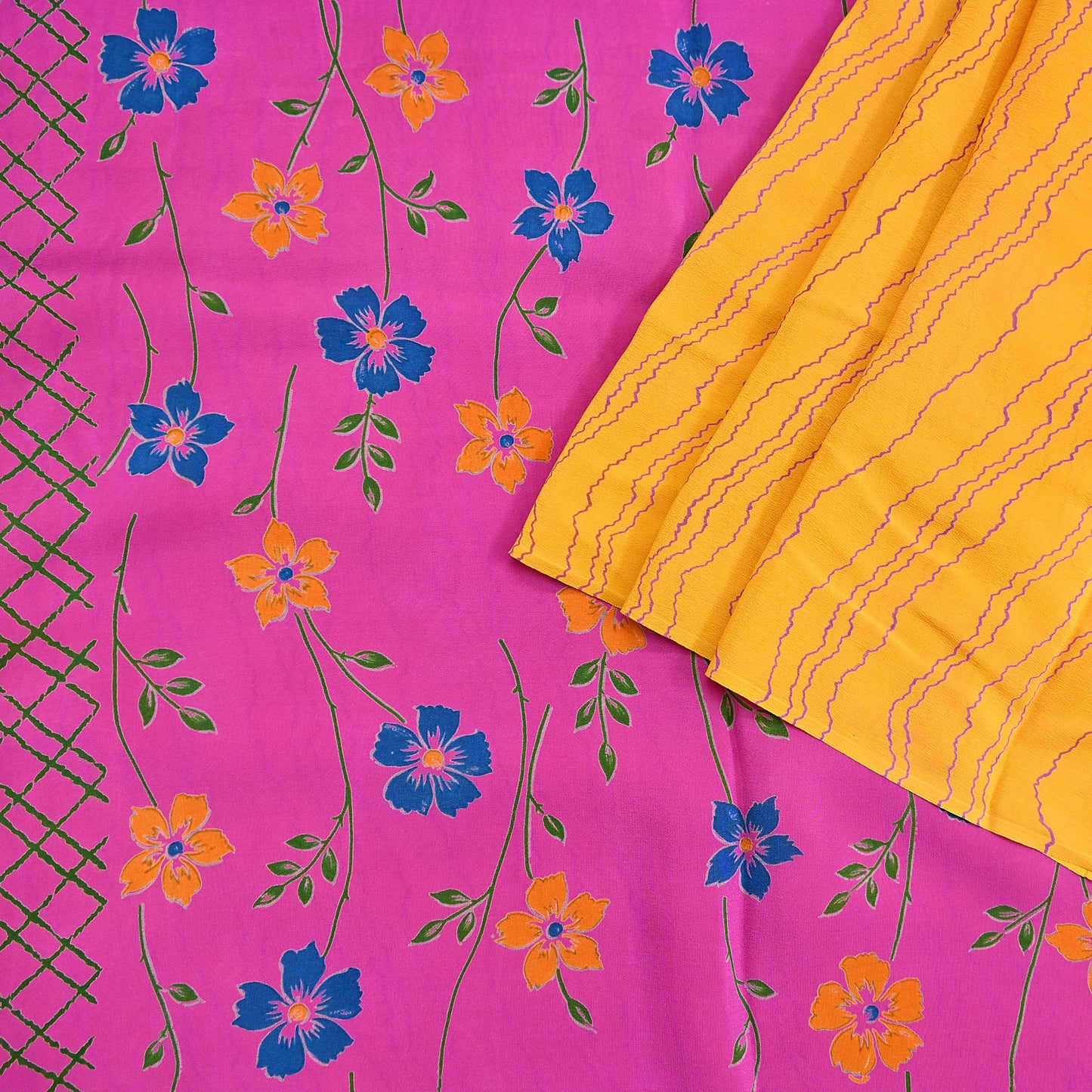 Indian Vintage Pink & Yellow Pure Crepe Silk Saree Floral Print 5 Yards Soft Sewing Fabric for Dressmaking, Quilting, Crafting Upcycling