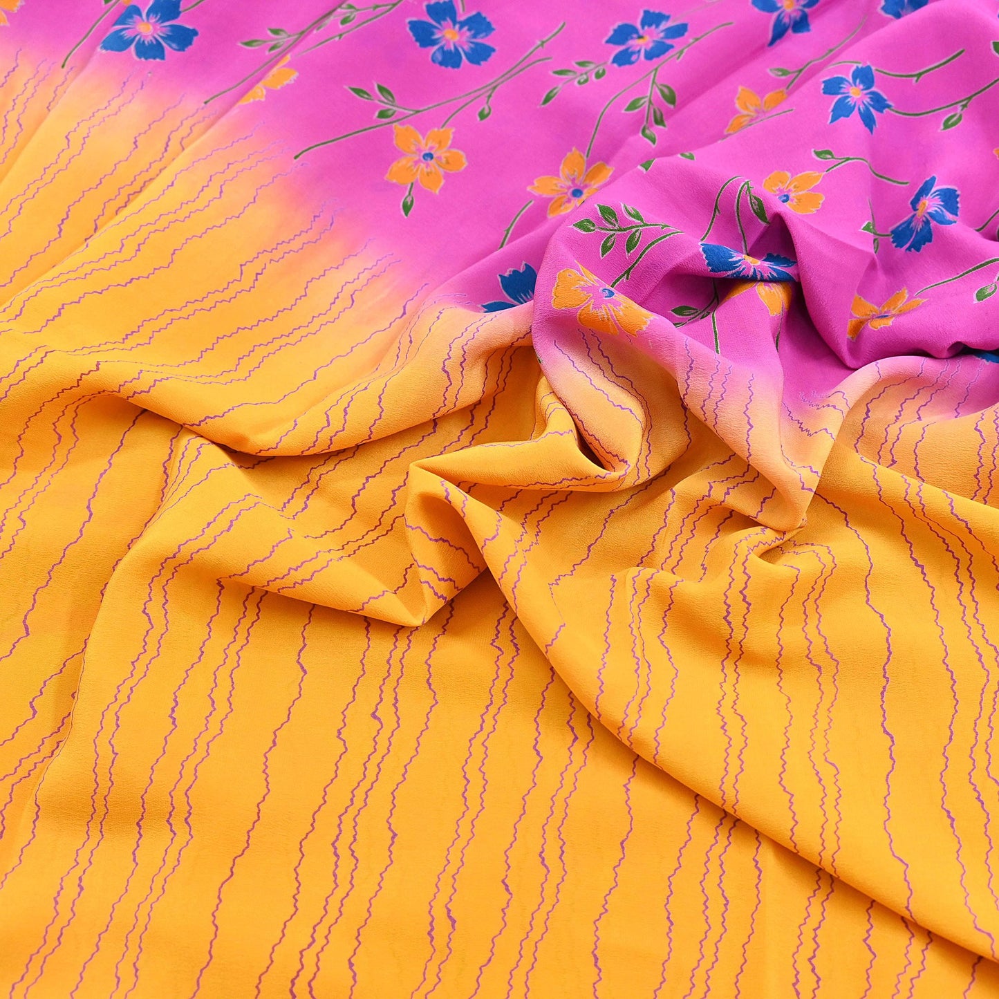 Indian Vintage Pink & Yellow Pure Crepe Silk Saree Floral Print 5 Yards Soft Sewing Fabric for Dressmaking, Quilting, Crafting Upcycling