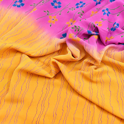 Indian Vintage Pink & Yellow Pure Crepe Silk Saree Floral Print 5 Yards Soft Sewing Fabric for Dressmaking, Quilting, Crafting Upcycling