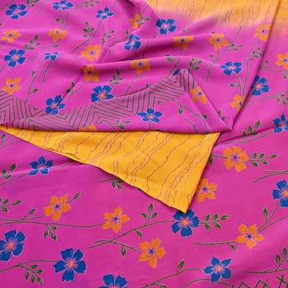 Indian Vintage Pink & Yellow Pure Crepe Silk Saree Floral Print 5 Yards Soft Sewing Fabric for Dressmaking, Quilting, Crafting Upcycling