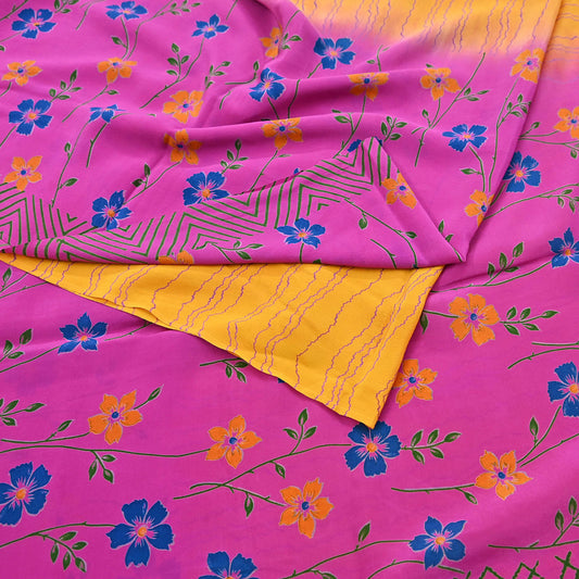 Indian Vintage Pink & Yellow Pure Crepe Silk Saree Floral Print 5 Yards Soft Sewing Fabric for Dressmaking, Quilting, Crafting Upcycling