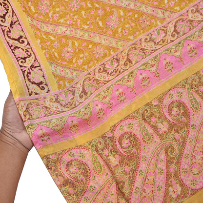Indian Vintage Sari Yellow Pure Silk Printed Saree 6yd Sewing Craft Fabric DressMaking Soft