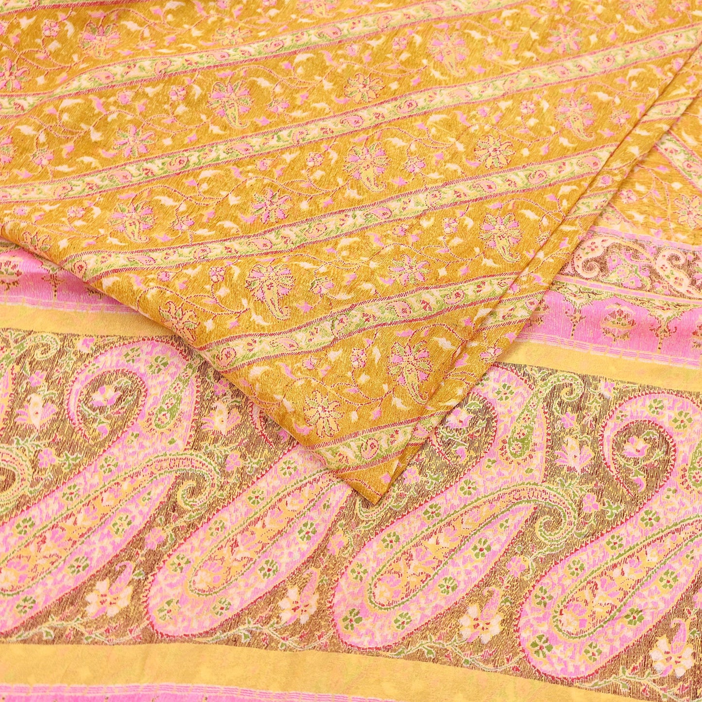 Indian Vintage Sari Yellow Pure Silk Printed Saree 6yd Sewing Craft Fabric DressMaking Soft