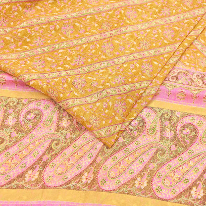 Indian Vintage Sari Yellow Pure Silk Printed Saree 6yd Sewing Craft Fabric DressMaking Soft