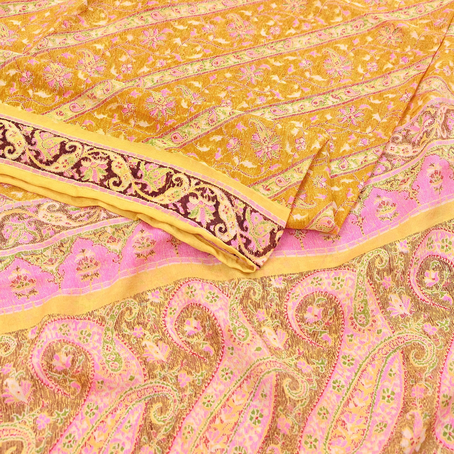 Indian Vintage Sari Yellow Pure Silk Printed Saree 6yd Sewing Craft Fabric DressMaking Soft