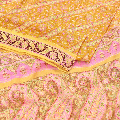 Indian Vintage Sari Yellow Pure Silk Printed Saree 6yd Sewing Craft Fabric DressMaking Soft