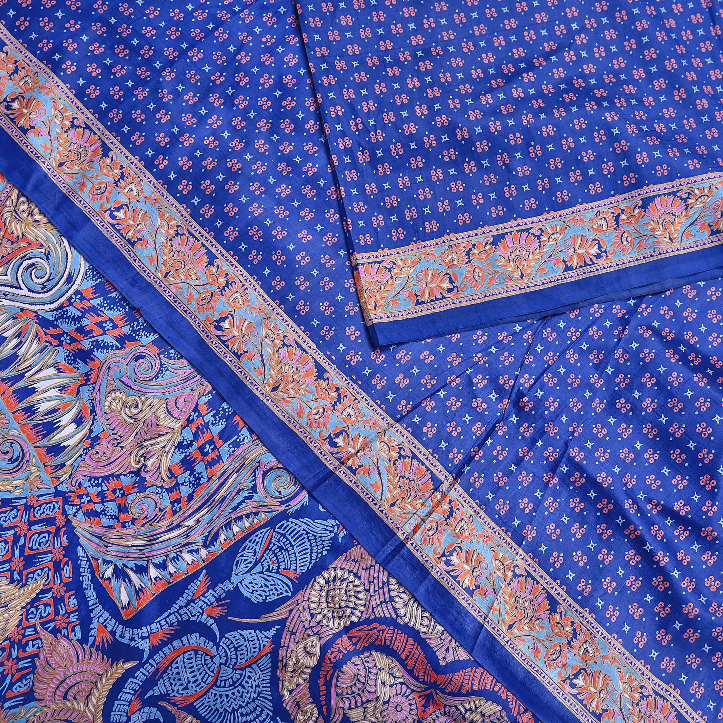 Indian Vintage Sari Blue 100% Pure Silk Printed Saree Craft Fabric 5yd Sewing Dress Making Soft Wrap Quilting Crafting Upcycle