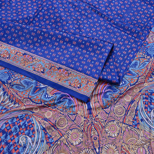 Indian Vintage Sari Blue 100% Pure Silk Printed Saree Craft Fabric 5yd Sewing Dress Making Soft Wrap Quilting Crafting Upcycle