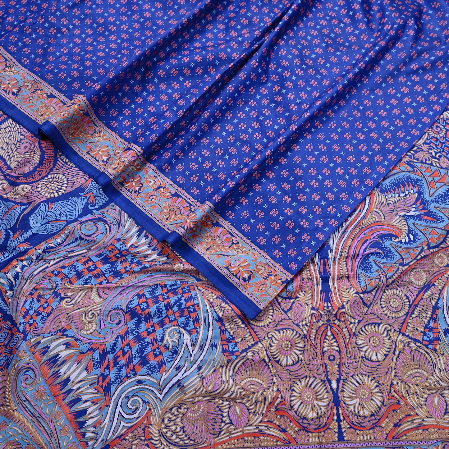 Indian Vintage Sari Blue 100% Pure Silk Printed Saree Craft Fabric 5yd Sewing Dress Making Soft Wrap Quilting Crafting Upcycle