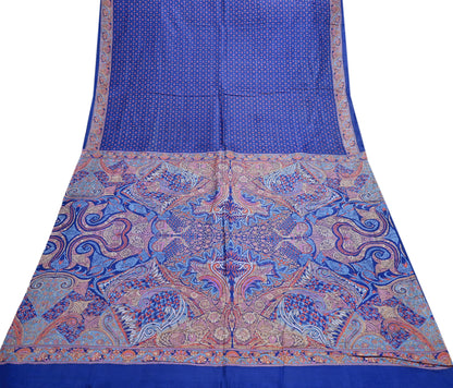 Indian Vintage Sari Blue 100% Pure Silk Printed Saree Craft Fabric 5yd Sewing Dress Making Soft Wrap Quilting Crafting Upcycle