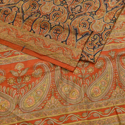 Vintage Sari Black & Orange Pure Silk Printed Saree Craft Fabric 6yard Sewing Floral Soft Dress Designing for Crafting Upcycle Quilting