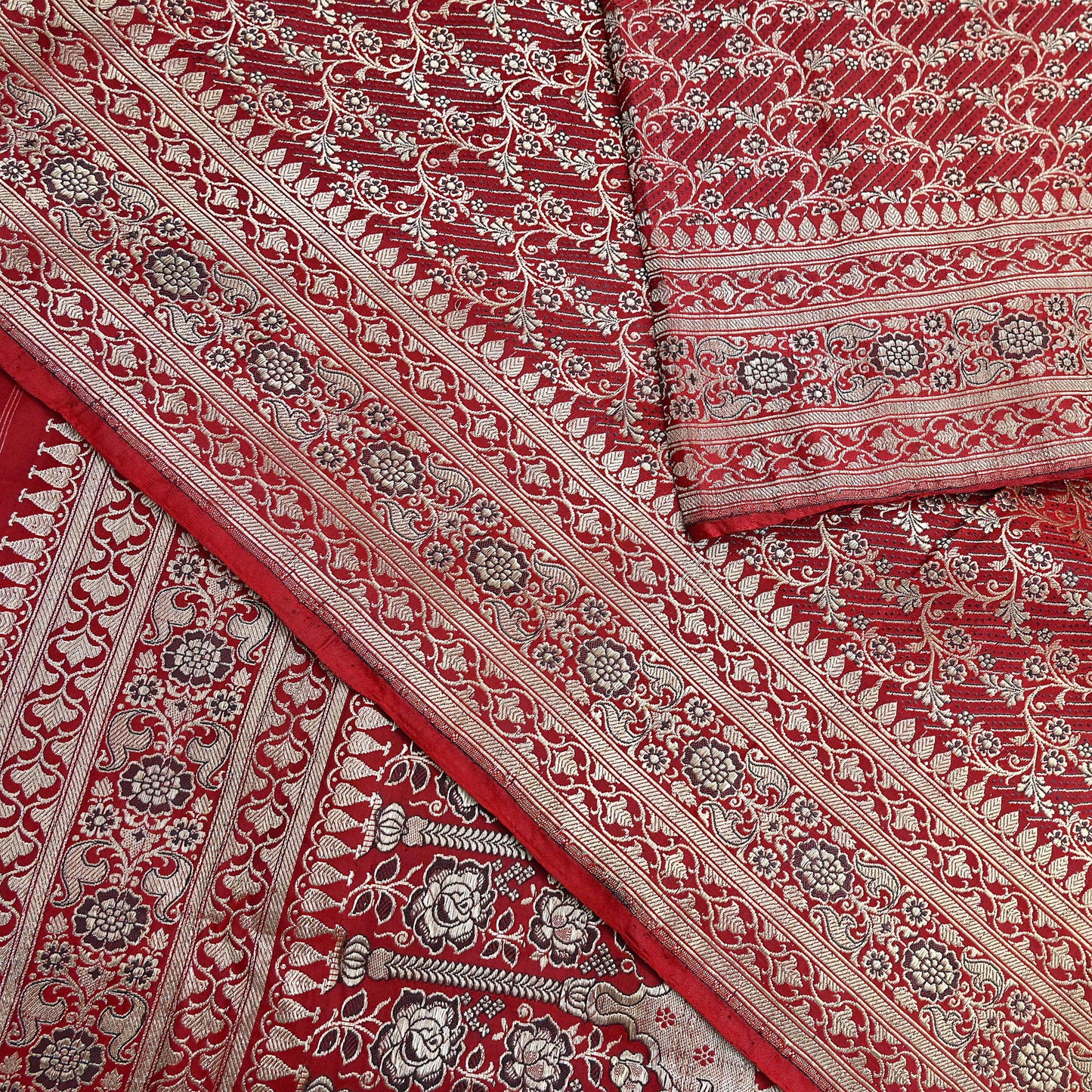 Indian Vintage Sari Red Heavy Wedding Pure Satin Silk Woven Banarasi Brocade Saree Zari 5Yd Craft Fabric Ethnic Dress making Crafting