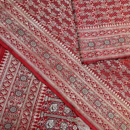 Indian Vintage Sari Red Heavy Wedding Pure Satin Silk Woven Banarasi Brocade Saree Zari 5Yd Craft Fabric Ethnic Dress making Crafting
