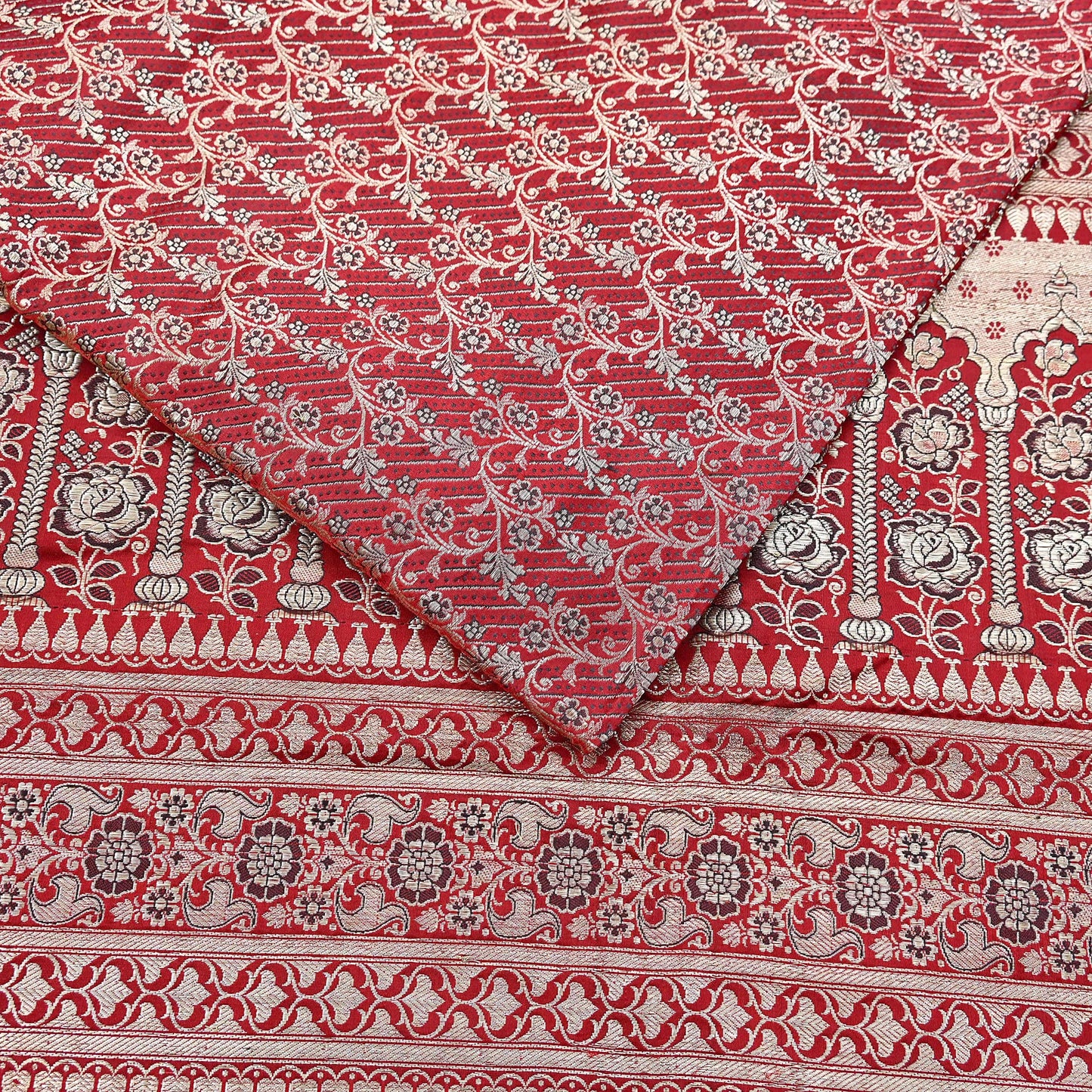 Indian Vintage Sari Red Heavy Wedding Pure Satin Silk Woven Banarasi Brocade Saree Zari 5Yd Craft Fabric Ethnic Dress making Crafting