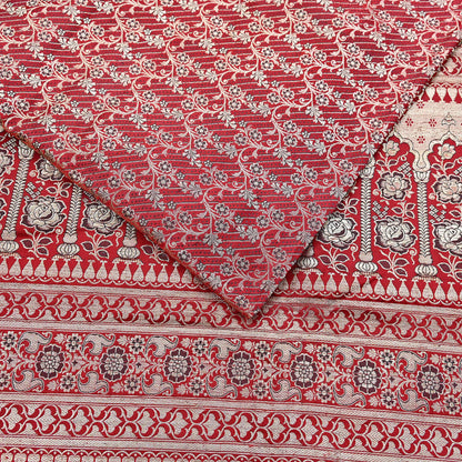 Indian Vintage Sari Red Heavy Wedding Pure Satin Silk Woven Banarasi Brocade Saree Zari 5Yd Craft Fabric Ethnic Dress making Crafting