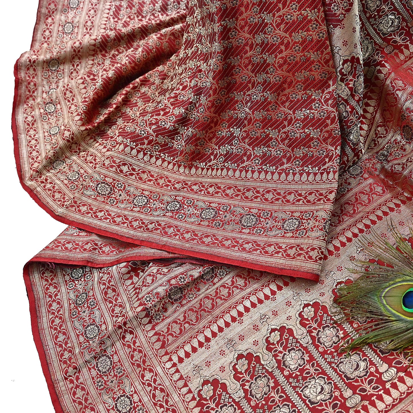 Indian Vintage Sari Red Heavy Wedding Pure Satin Silk Woven Banarasi Brocade Saree Zari 5Yd Craft Fabric Ethnic Dress making Crafting