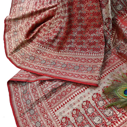 Indian Vintage Sari Red Heavy Wedding Pure Satin Silk Woven Banarasi Brocade Saree Zari 5Yd Craft Fabric Ethnic Dress making Crafting