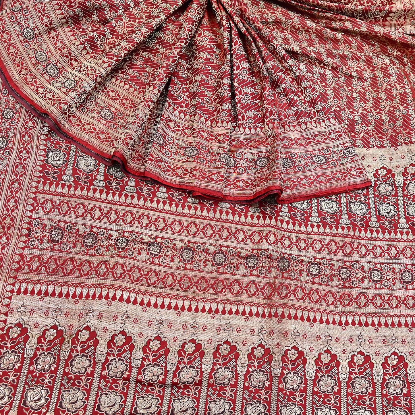 Indian Vintage Sari Red Heavy Wedding Pure Satin Silk Woven Banarasi Brocade Saree Zari 5Yd Craft Fabric Ethnic Dress making Crafting