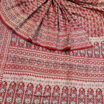 Indian Vintage Sari Red Heavy Wedding Pure Satin Silk Woven Banarasi Brocade Saree Zari 5Yd Craft Fabric Ethnic Dress making Crafting