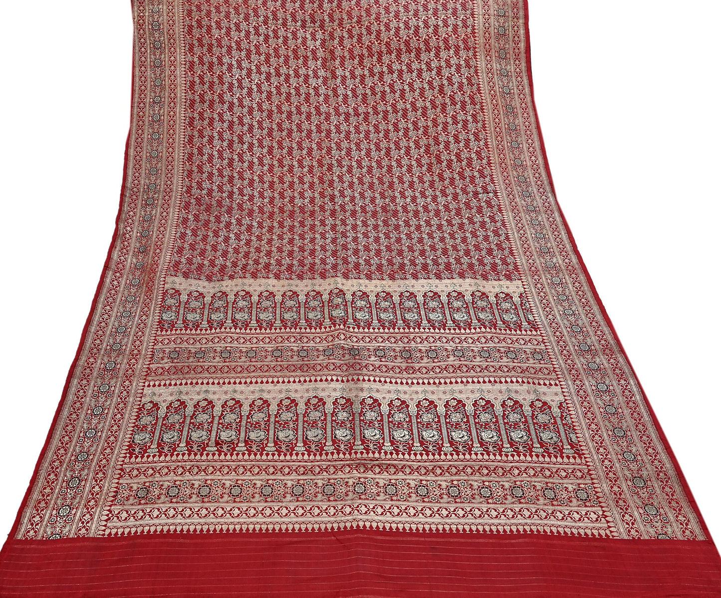 Indian Vintage Sari Red Heavy Wedding Pure Satin Silk Woven Banarasi Brocade Saree Zari 5Yd Craft Fabric Ethnic Dress making Crafting